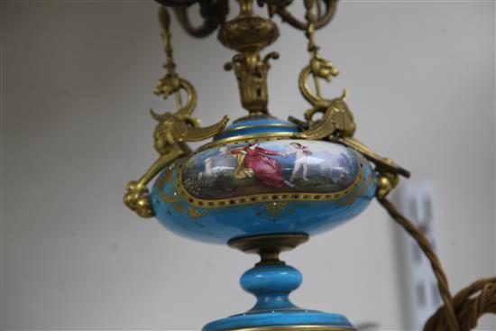 A pair of Sevres style porcelain and ormolu mounted table lamps, late 19th century, total height 60cm